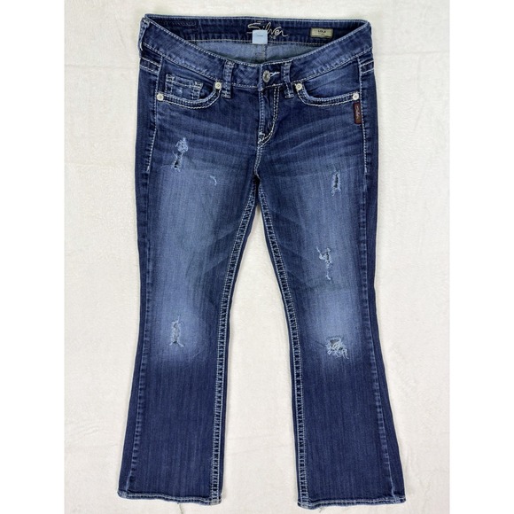 Silver Jeans Denim - Silver Jeans Womens 28 Blue Dark Wash Low Rise Lola Flare Distressed Stretch